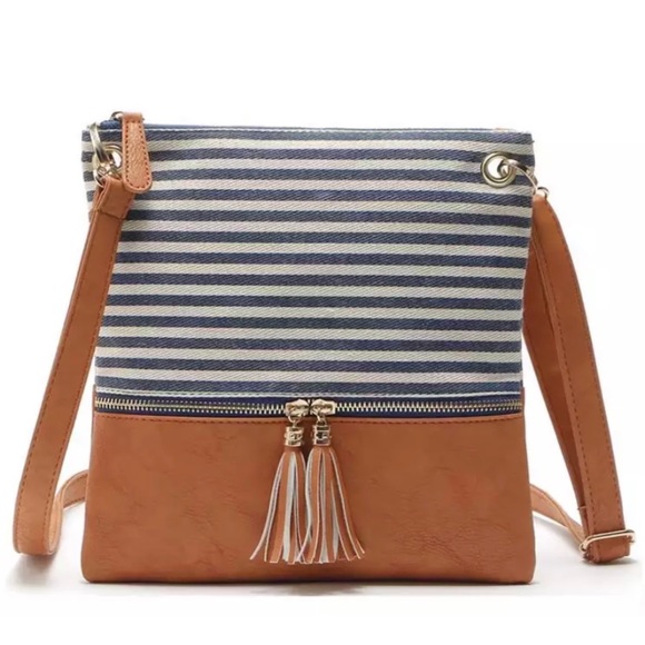 Handbags - Navy Striped Cognac Faux Leather Crossbody Bag